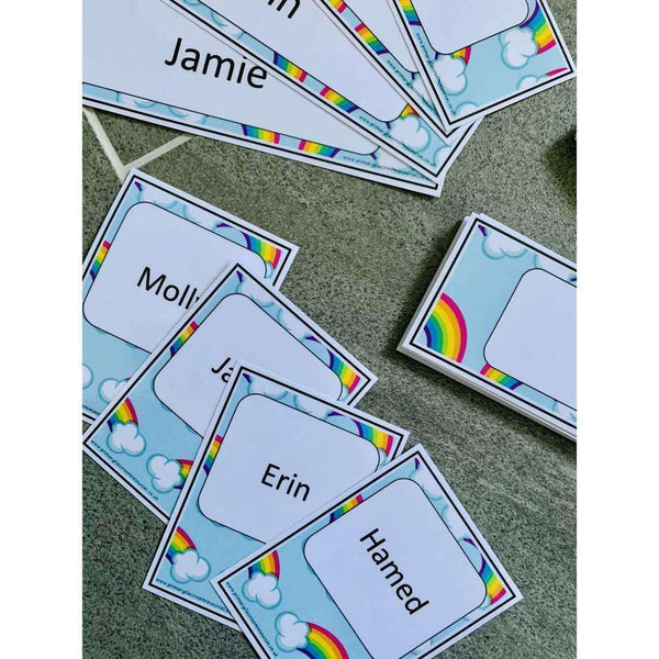 EDITABLE Name Tray & Coat Peg Labels Rainbow and Clouds Primary