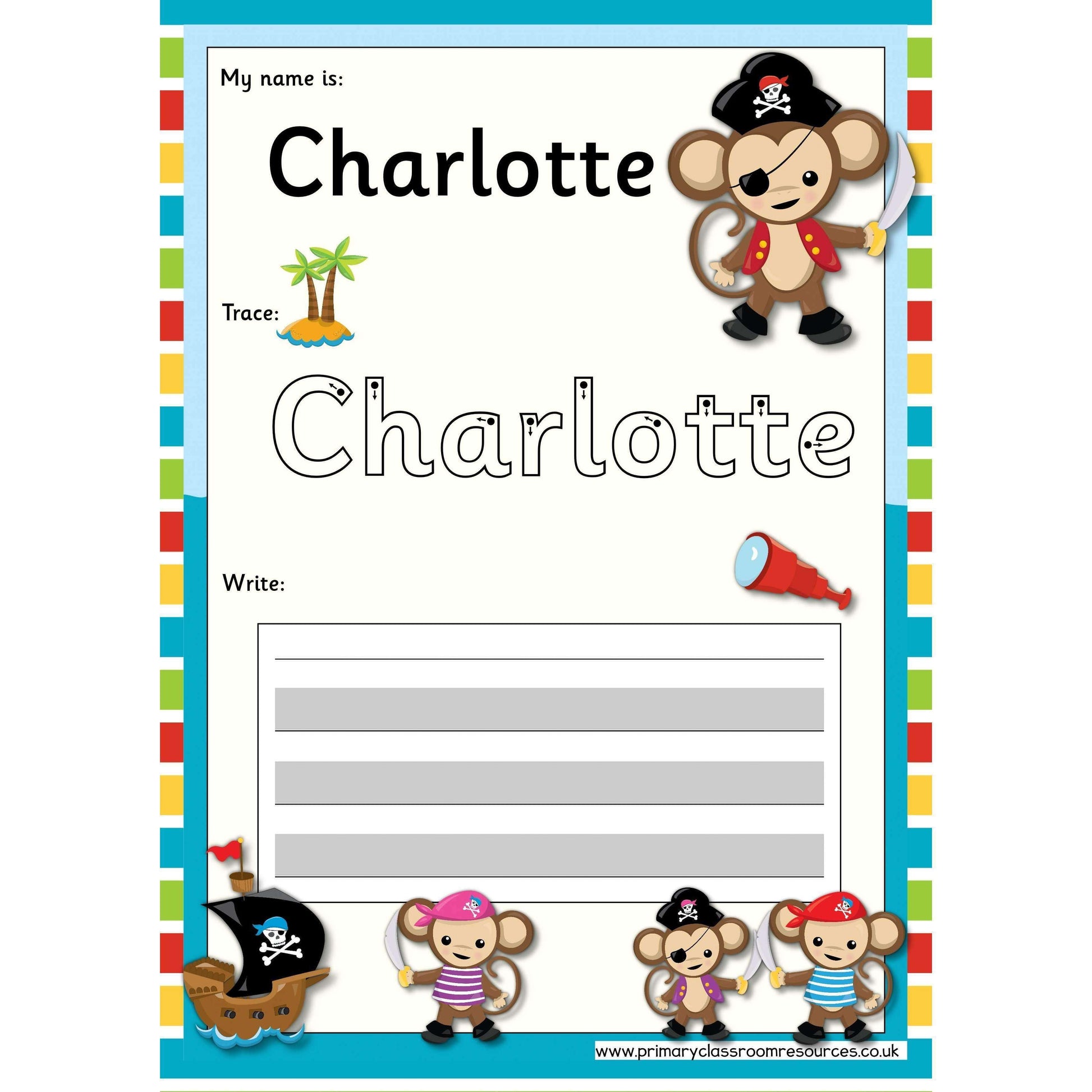 EDITABLE Name Writing Cards - Choose your theme!:Primary Classroom Resources,Pirate Monkey