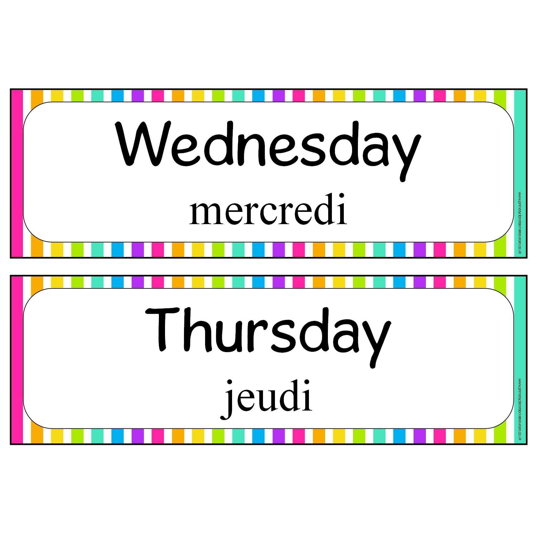 French - English Days of the Week:Primary Classroom Resources