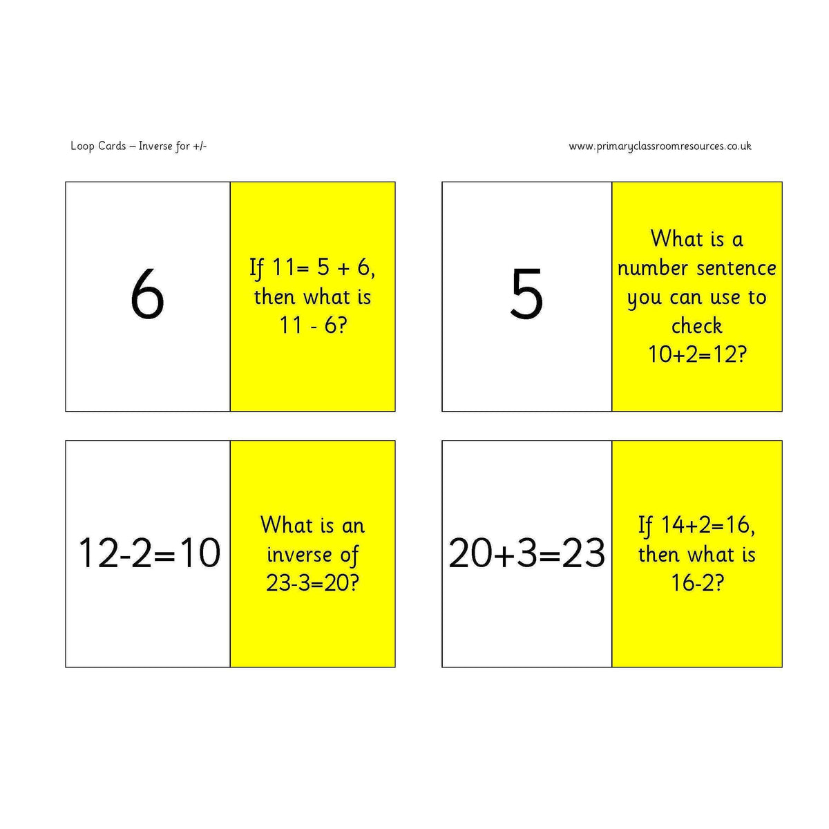 Inverse Addition and Subtraction Loop Cards – Primary Classroom Resources