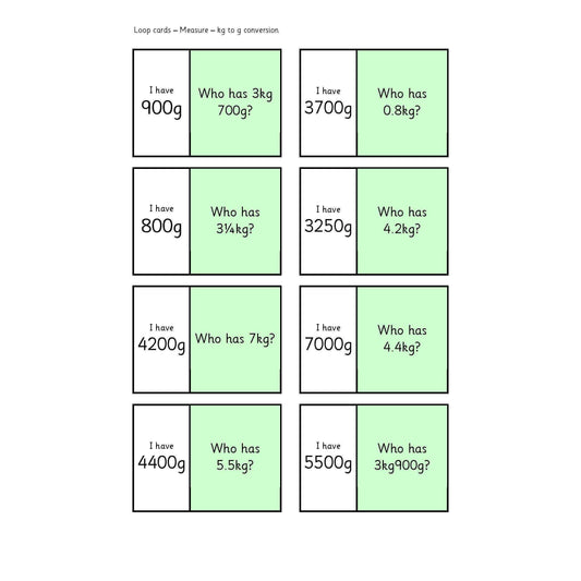 Kg to g Conversion Loop Cards:Primary Classroom Resources