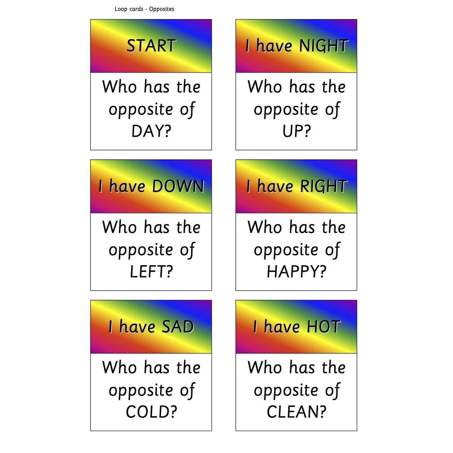 Opposites Loop Cards:Primary Classroom Resources