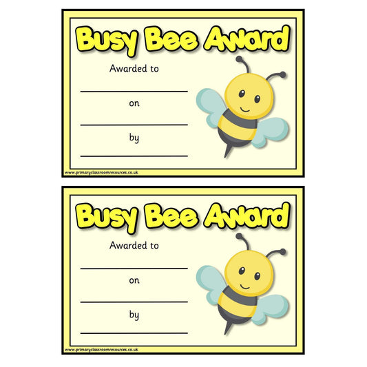 Busy Bee Award Certificates:Primary Classroom Resources