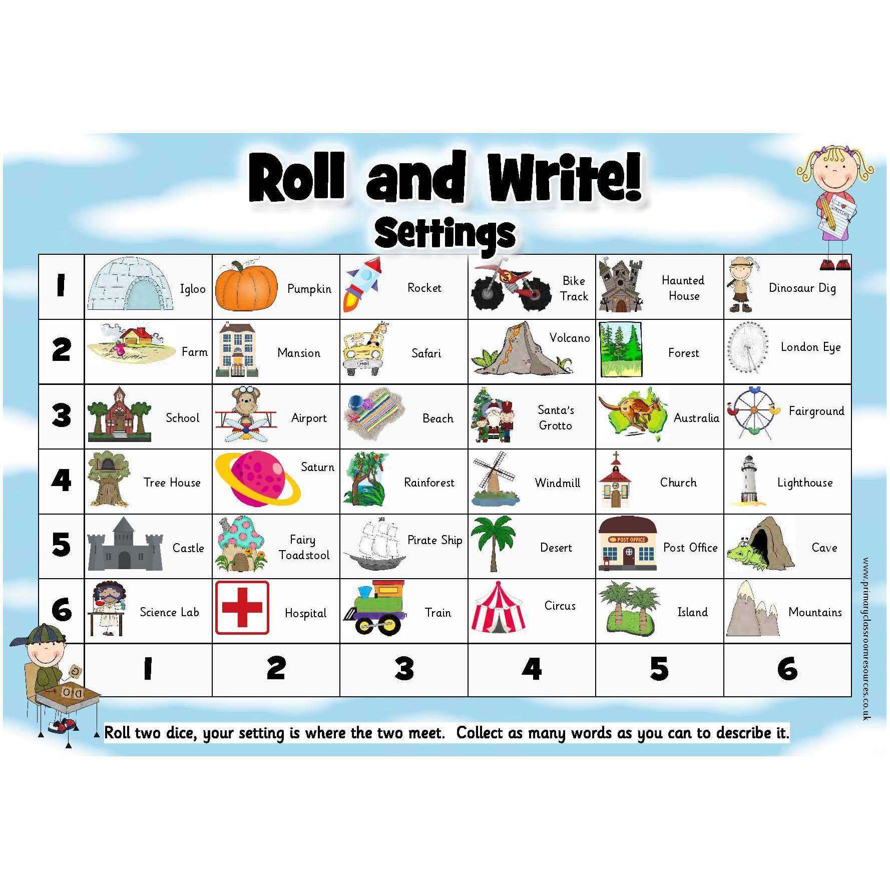 Roll and Write - Settings:Primary Classroom Resources