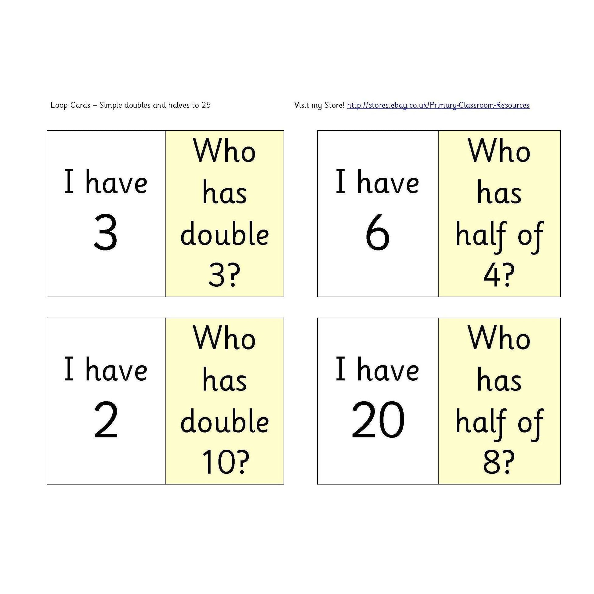 Simple Doubles and Halves to 25 Loop Cards:Primary Classroom Resources