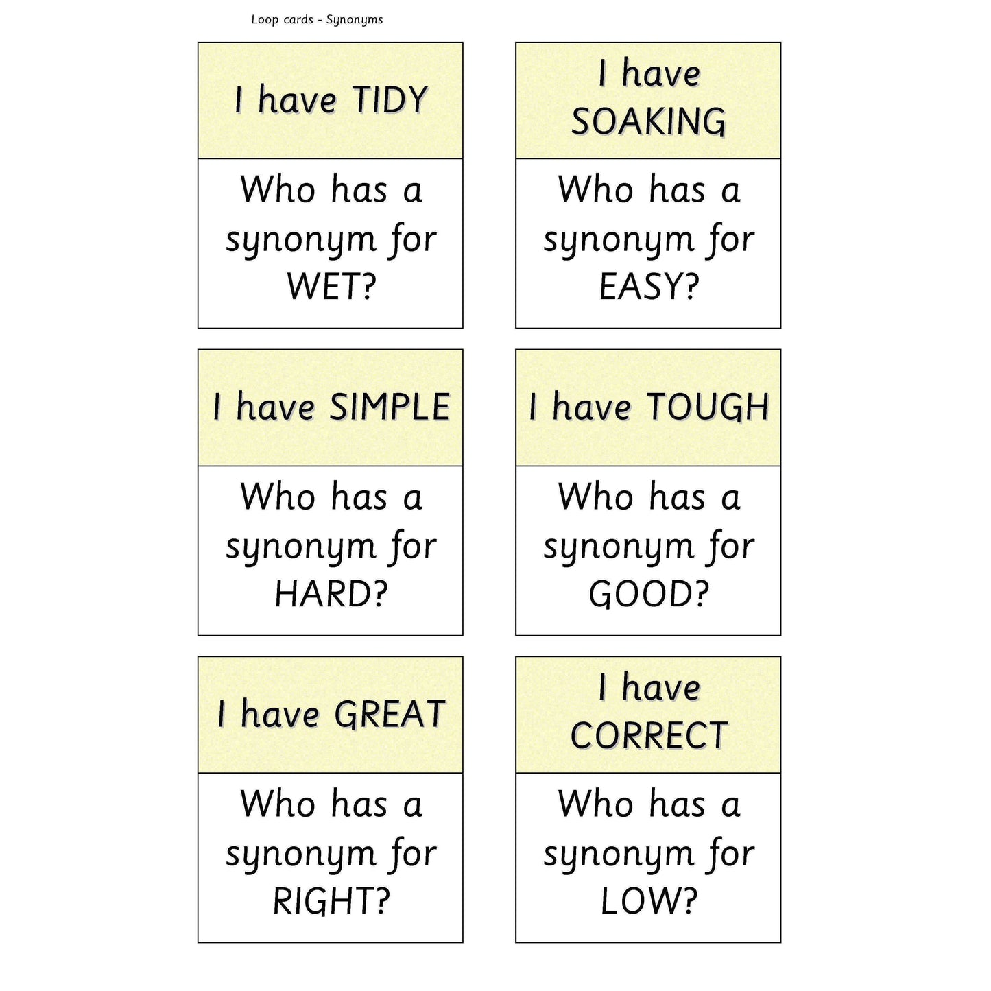Synonyms Loop Cards:Primary Classroom Resources
