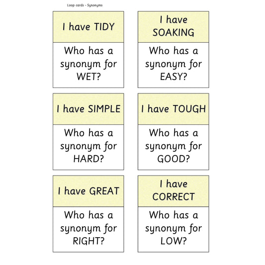 Synonyms Loop Cards:Primary Classroom Resources