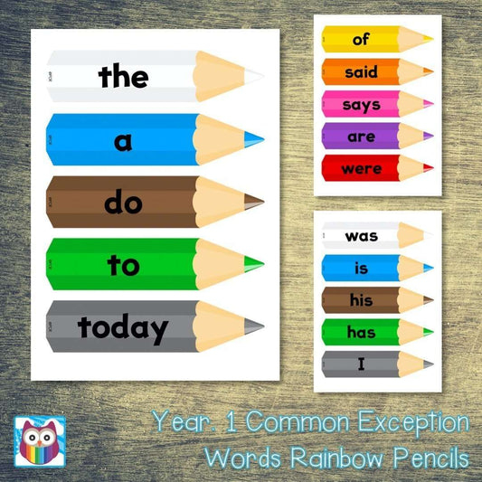 Year 1 Common Exception Words Rainbow Pencils:Primary Classroom Resources
