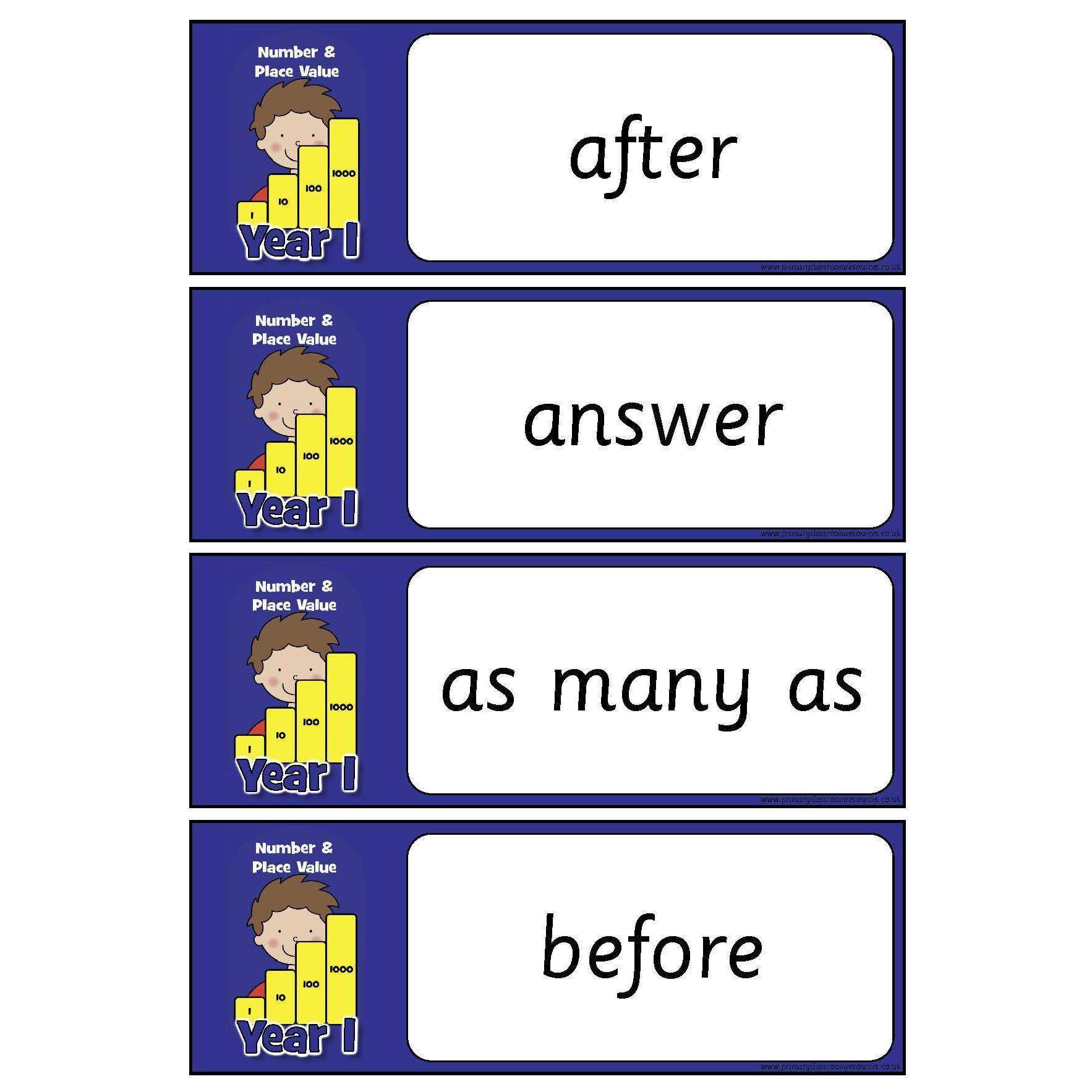 Year 1 Maths Vocabulary - Number and Place Value:Primary Classroom Resources