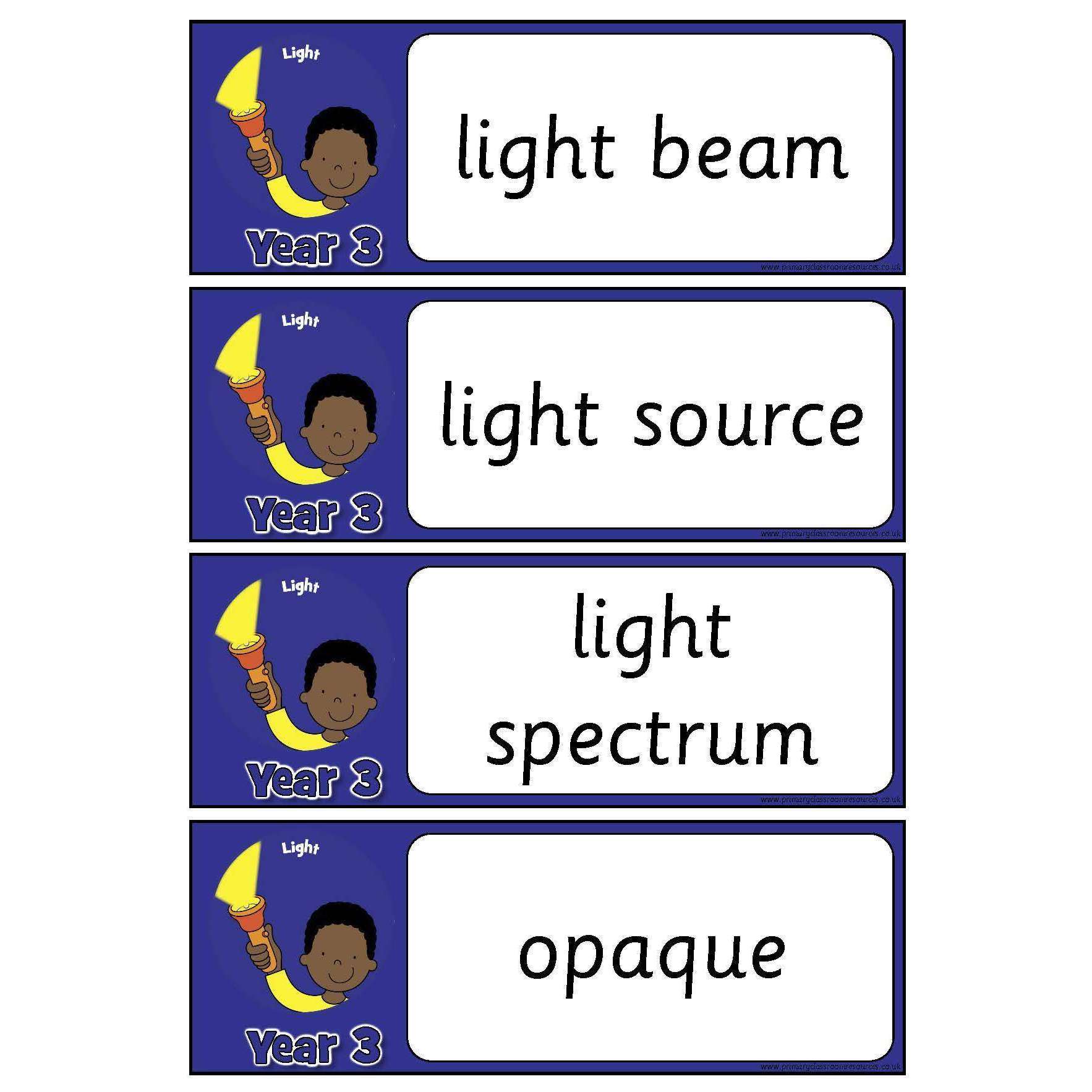 Year 3 Science Vocabulary - Light:Primary Classroom Resources
