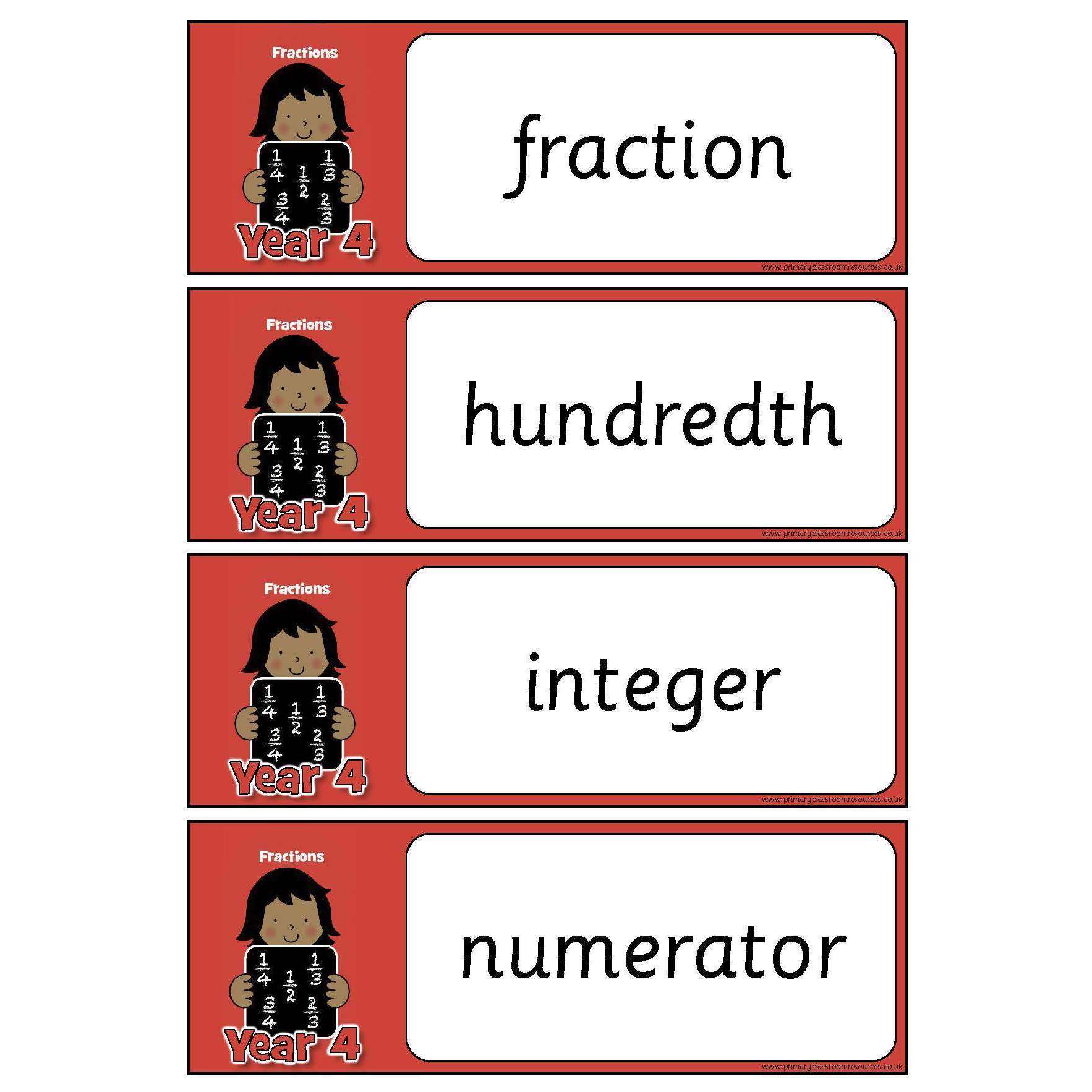Year 4 Maths Vocabulary - Fractions:Primary Classroom Resources