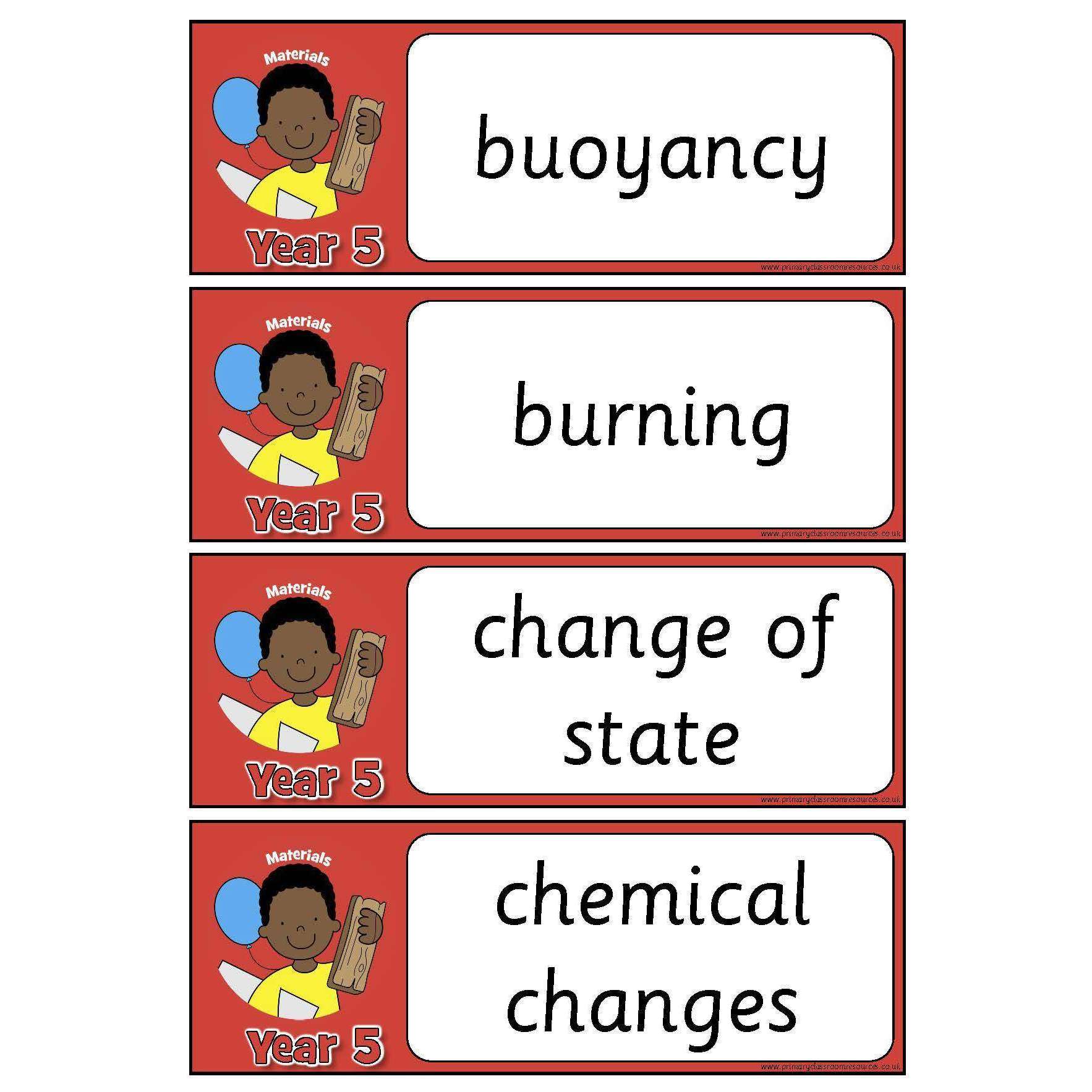 Year 5 Science Vocabulary - Materials:Primary Classroom Resources