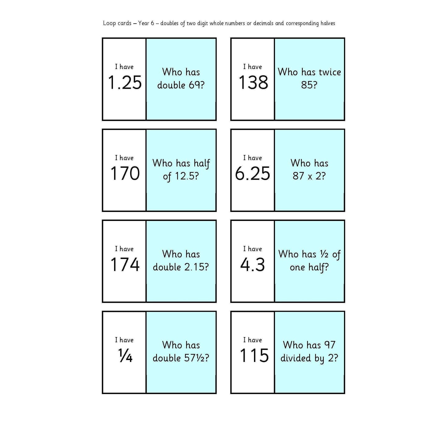 Year 6 Loop Cards:Primary Classroom Resources
